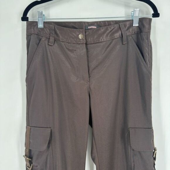 Y2K Express Cargo Floral Embroidered Wide Leg Pants Brown Size 4 Satin VTG - Picture 5 of 16